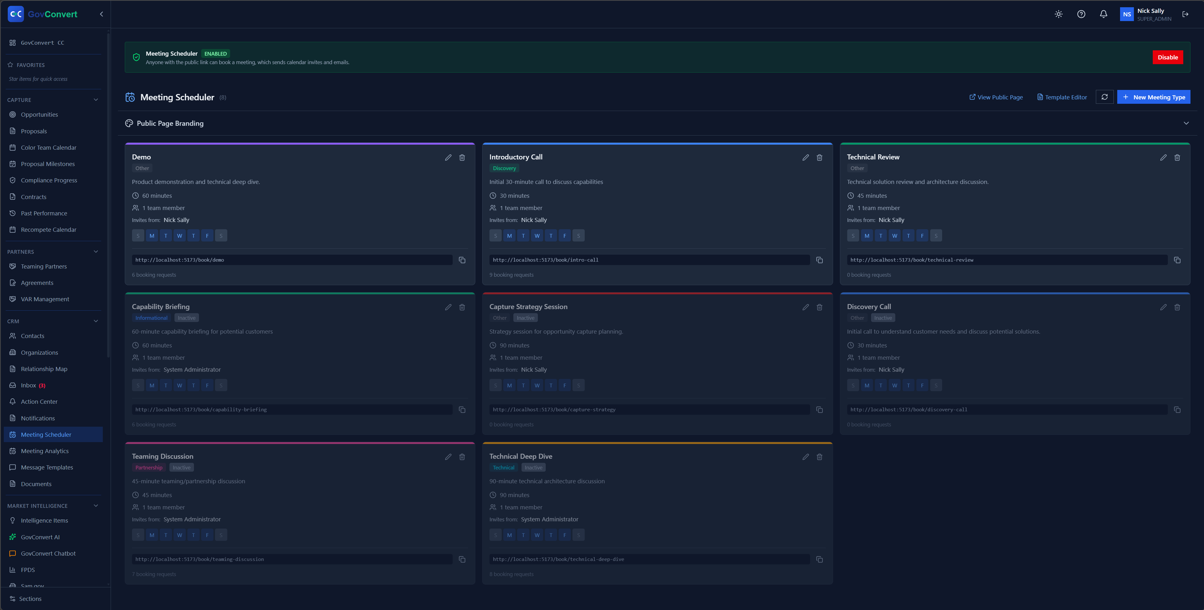 Publish meeting types, demos, capability briefings, teaming talks, each with its own duration, host, and weekday availability.