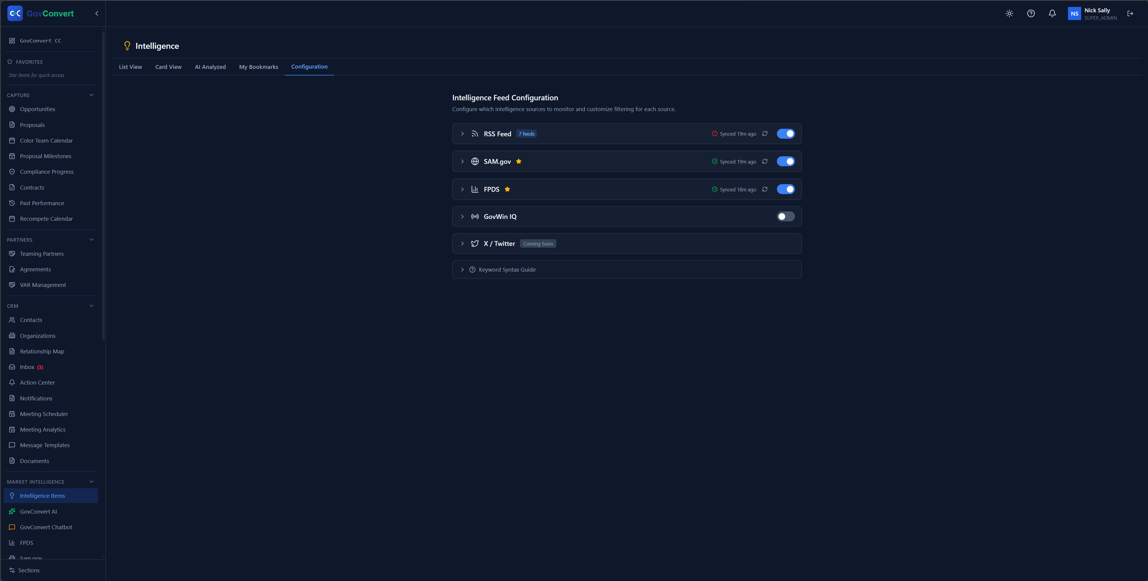 Turn SAM.gov, FPDS, GovWin IQ, and your news feeds on or off from one source list, with last-sync times on every row.