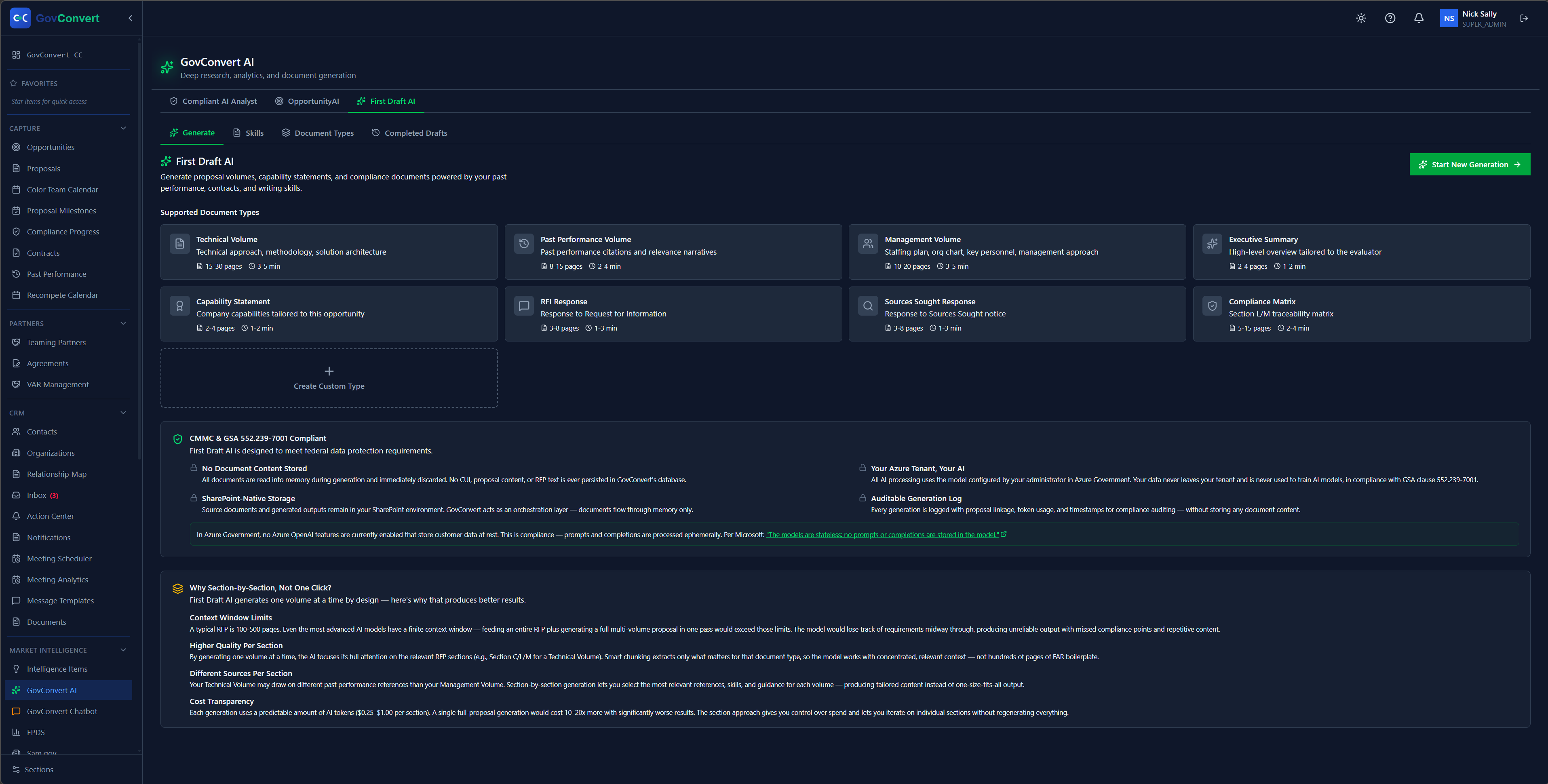 First Draft AI starts your proposals from your own document types and skills, with built-in notes on why it stays compliant for federal work.