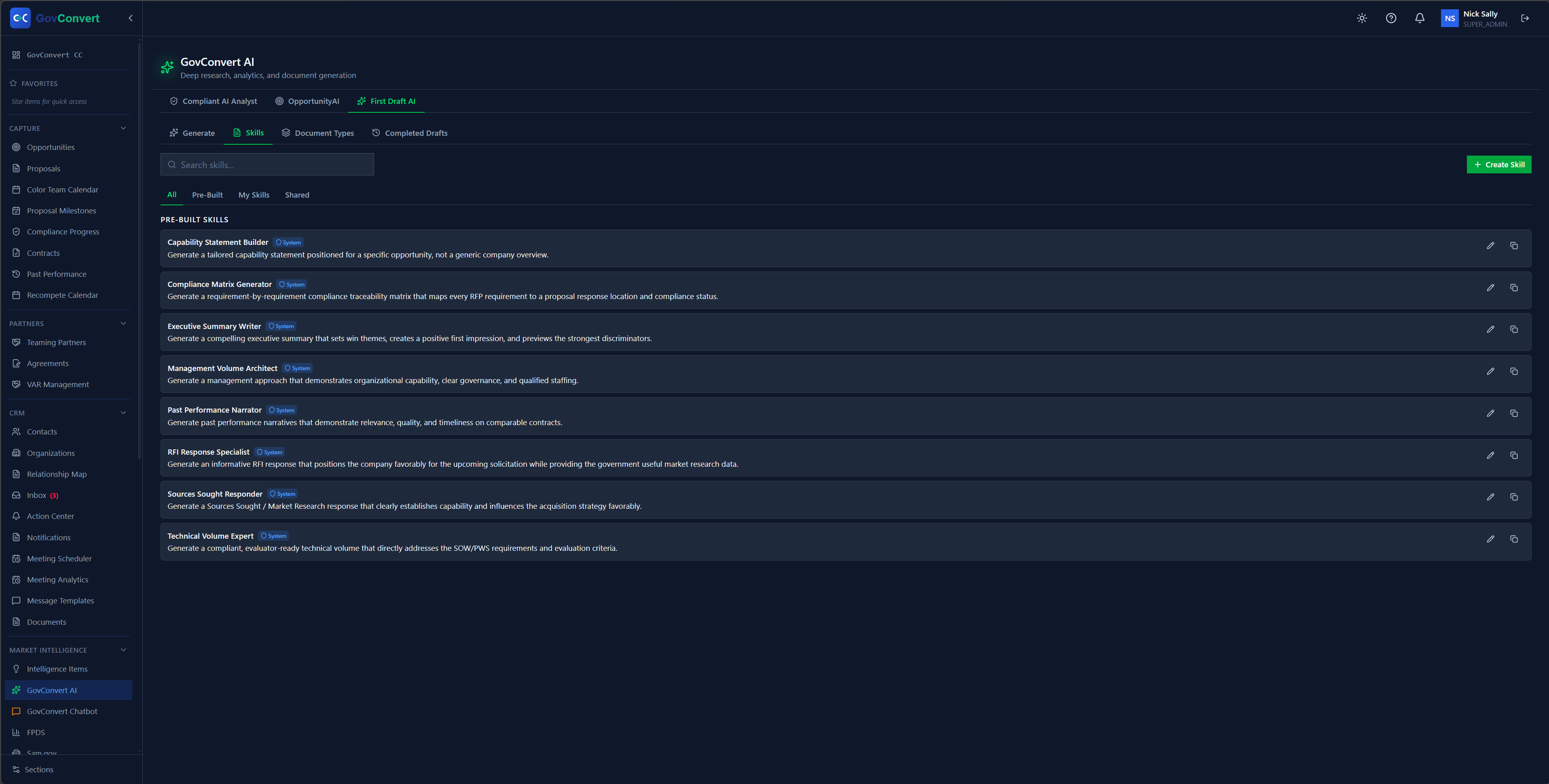 A library of pre-built writing skills, from capability statements to compliance matrices to past-performance narratives, that you can run or fork into your own.