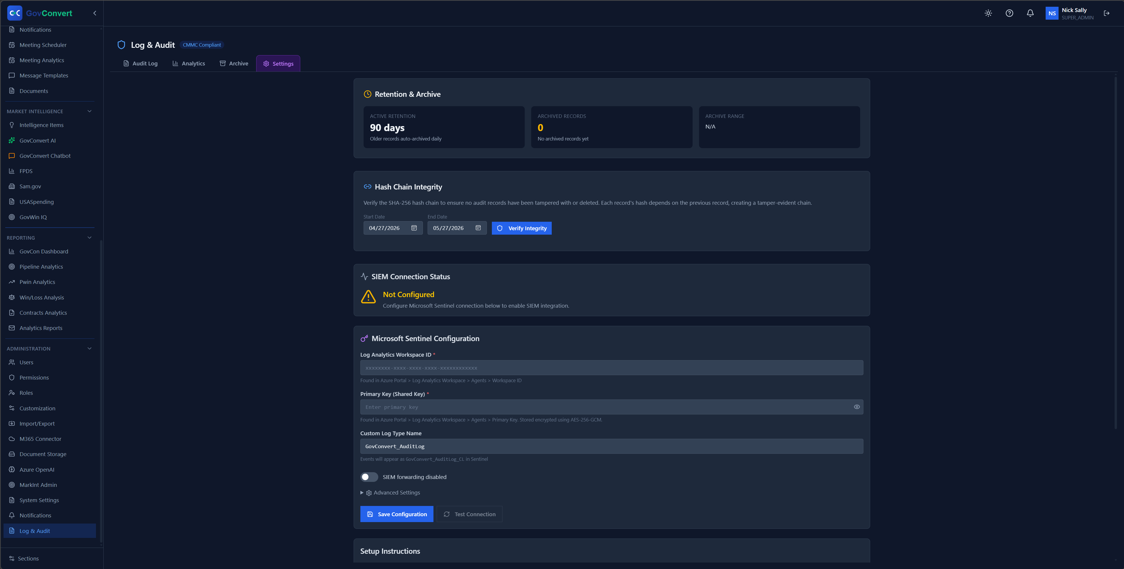 A tamper-evident SHA-256 hash chain plus a Microsoft Sentinel connection, so your audit trail forwards straight to your SIEM.