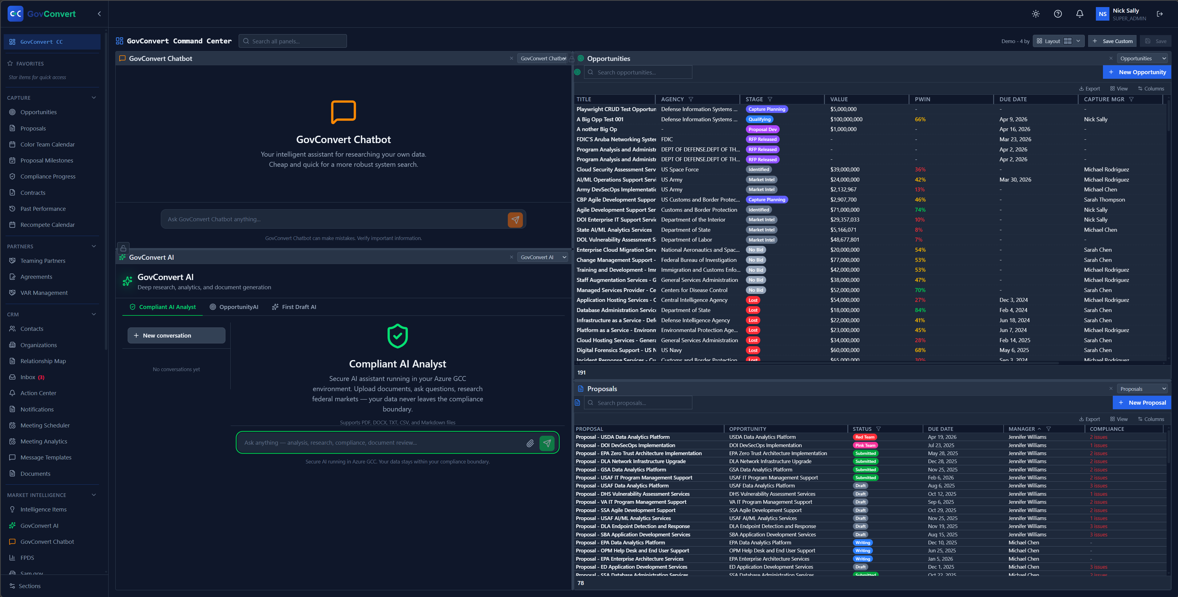 Ask the chatbot or run deep AI research in one column while your live opportunities and proposals tables stay open in the next.