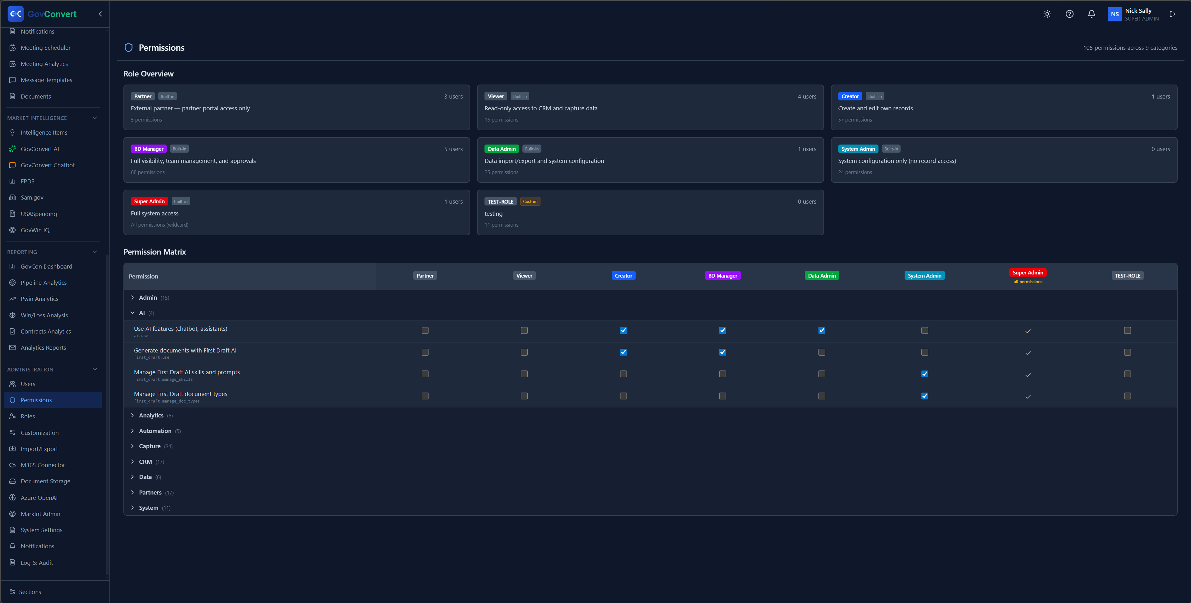 Granular roles and 105 permissions across 9 categories