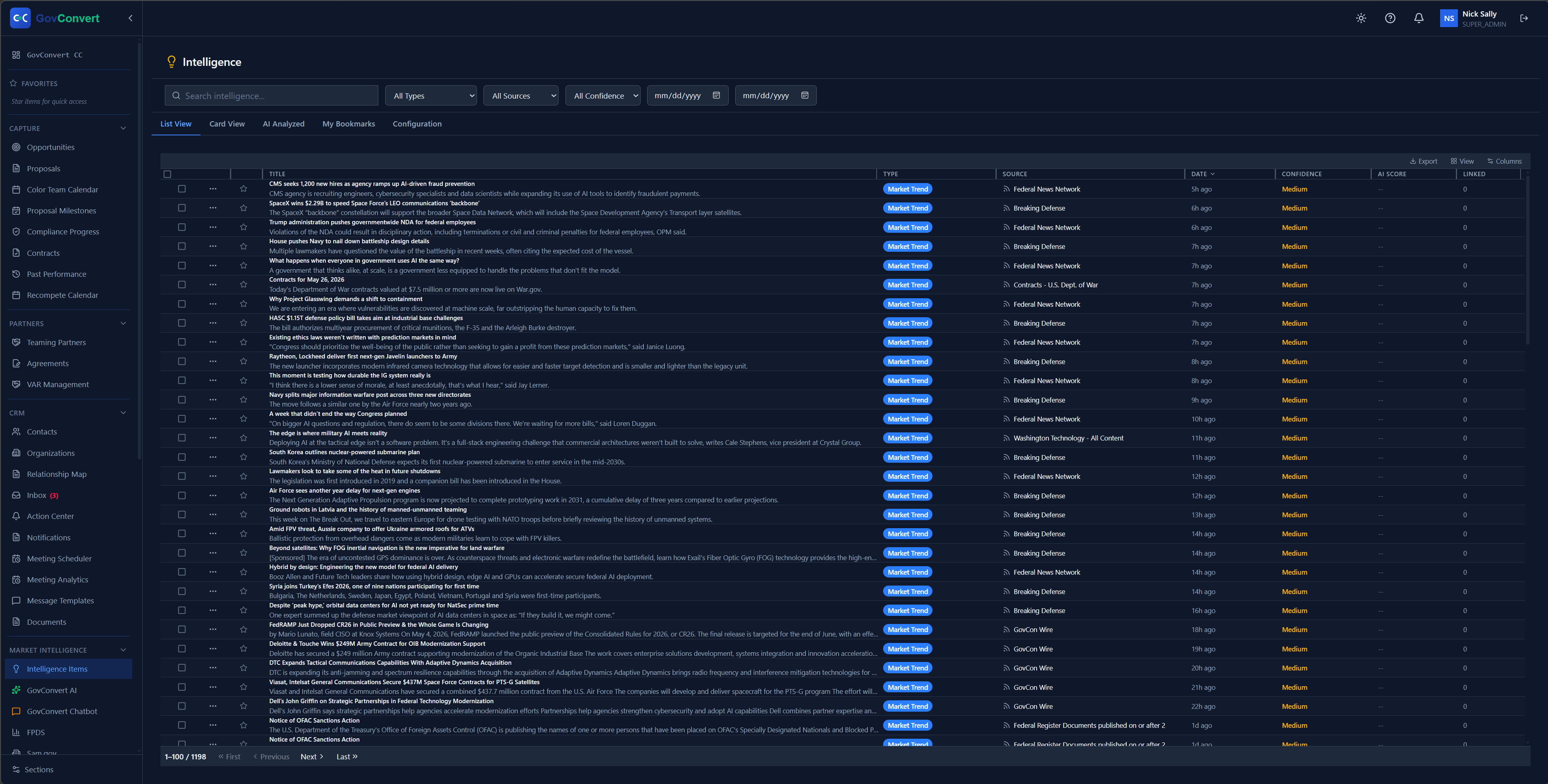 Opportunity radar results filtered by NAICS, set-aside, and agency with automated SAM.gov matches